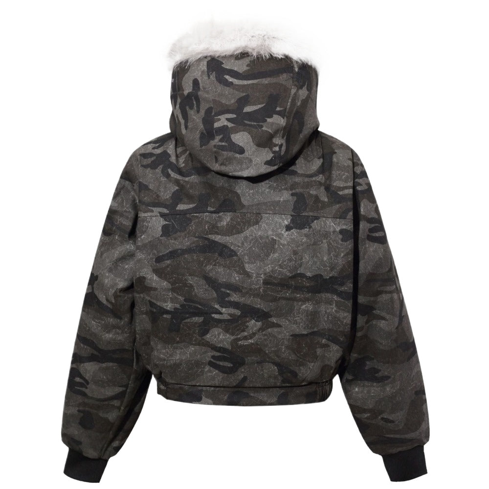 Camouflage Faux Fur Hooded Bomber Jacket - Thrashink
