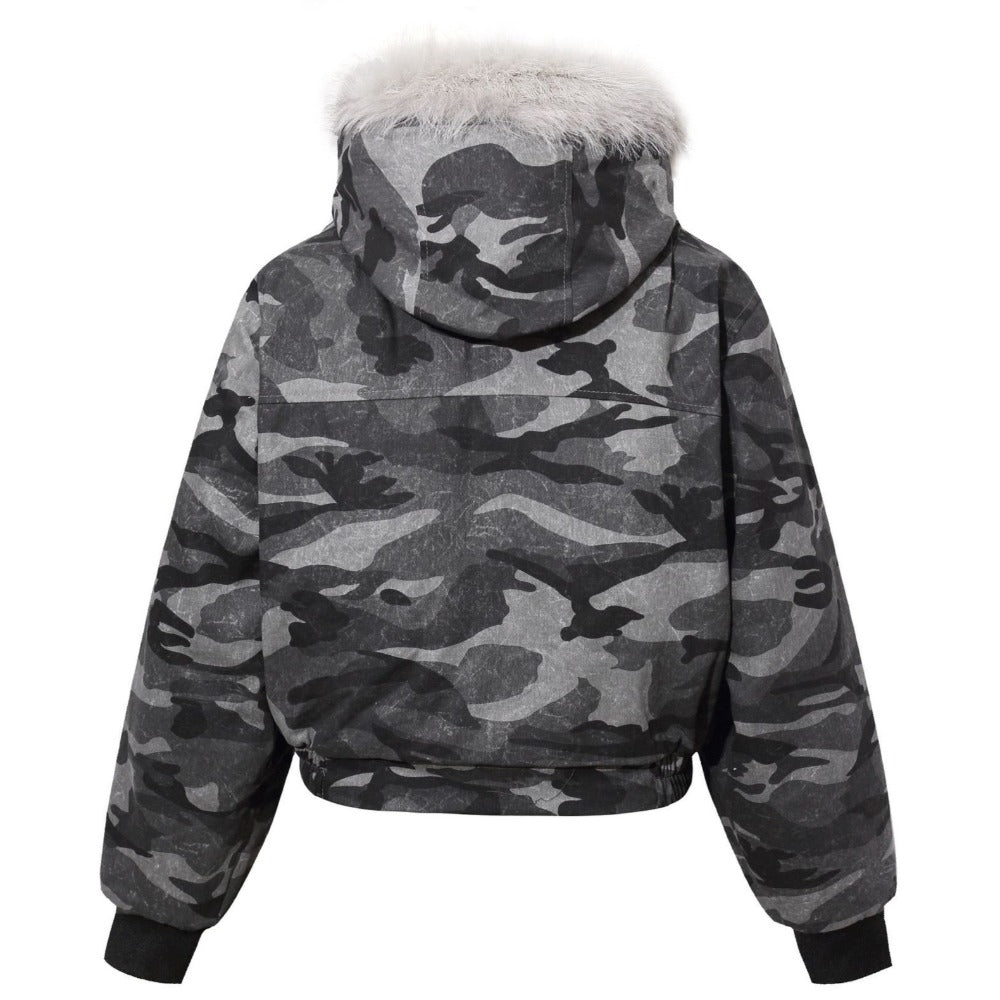 Camouflage Faux Fur Hooded Bomber Jacket - Thrashink