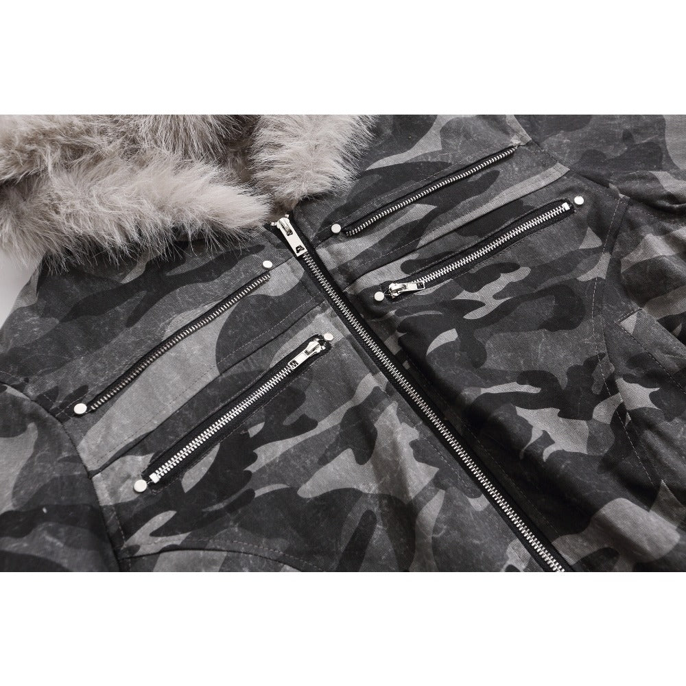 Camouflage Faux Fur Hooded Bomber Jacket - Thrashink
