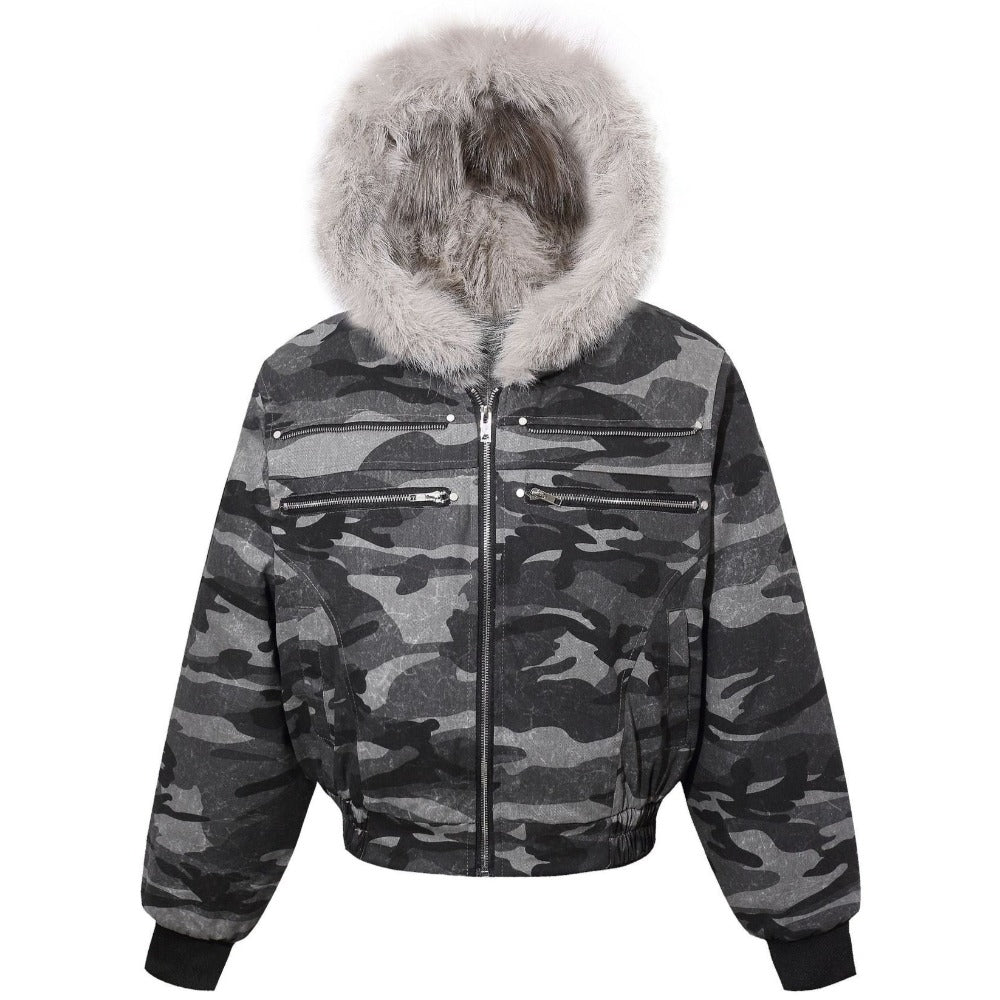 Camouflage Faux Fur Hooded Bomber Jacket - Thrashink