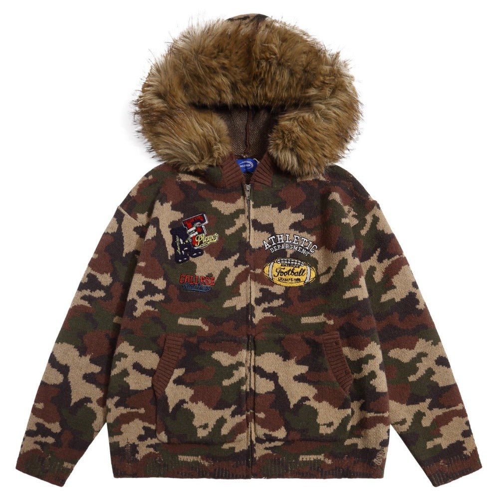Camouflage Faux Fur Knit Zip - Up Hoodie - Thrashink