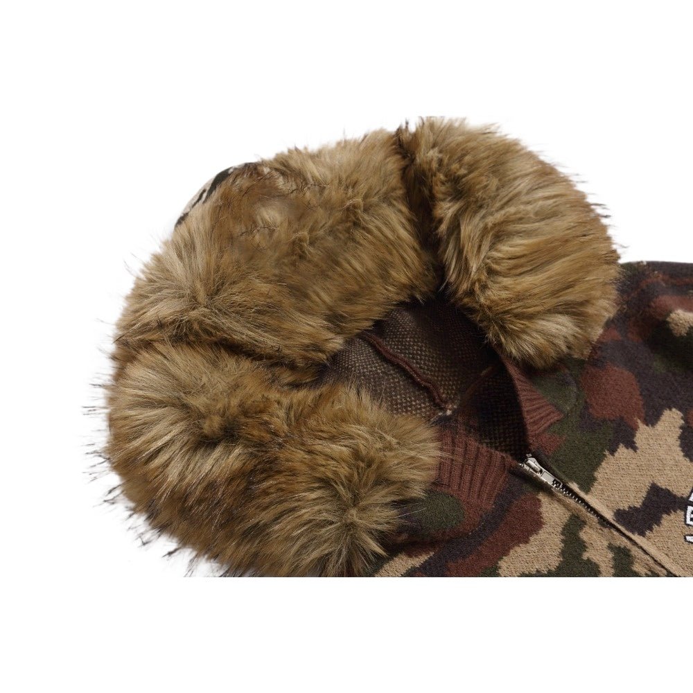 Camouflage Faux Fur Knit Zip - Up Hoodie - Thrashink
