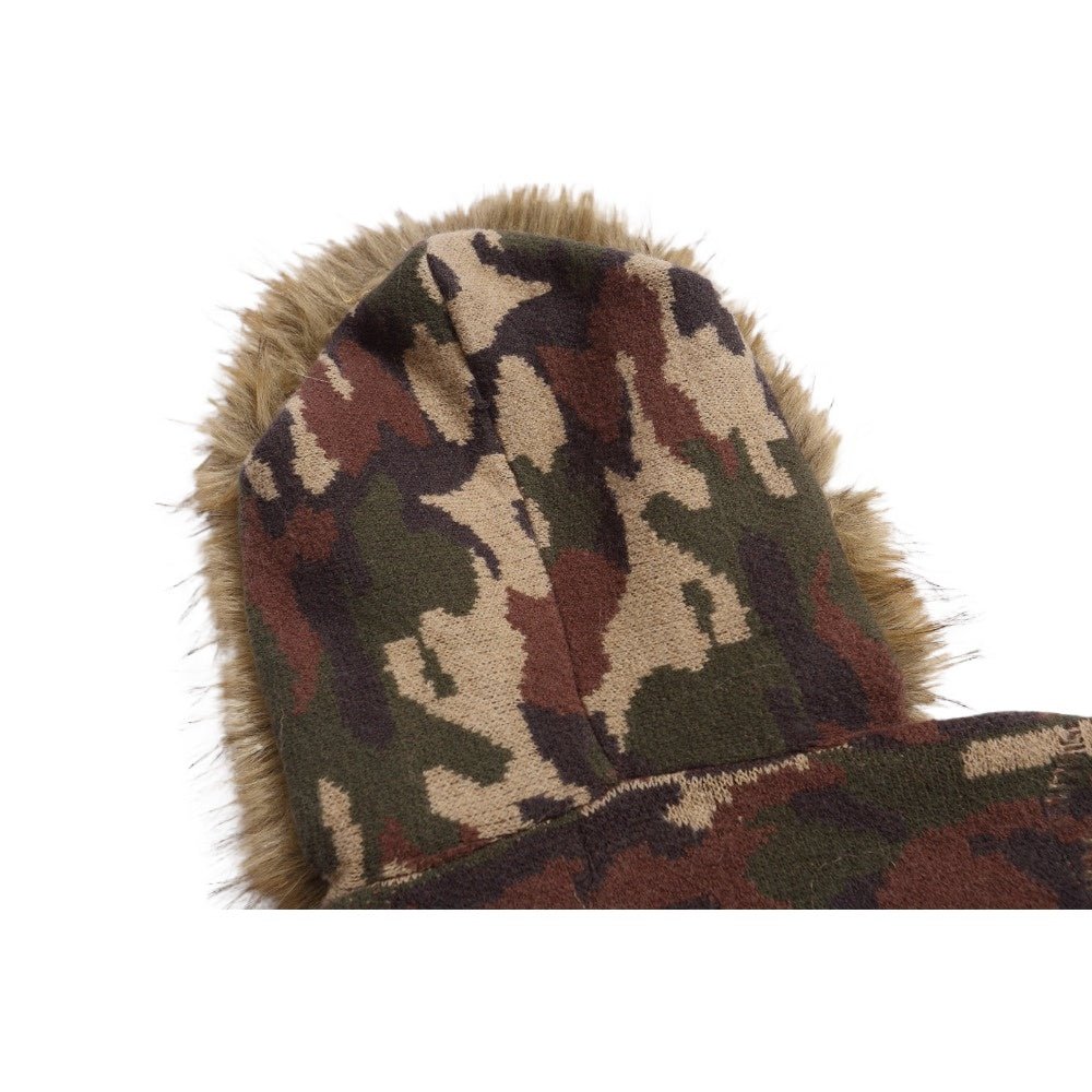 Camouflage Faux Fur Knit Zip - Up Hoodie - Thrashink
