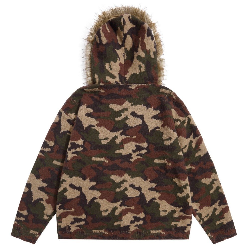 Camouflage Faux Fur Knit Zip - Up Hoodie - Thrashink