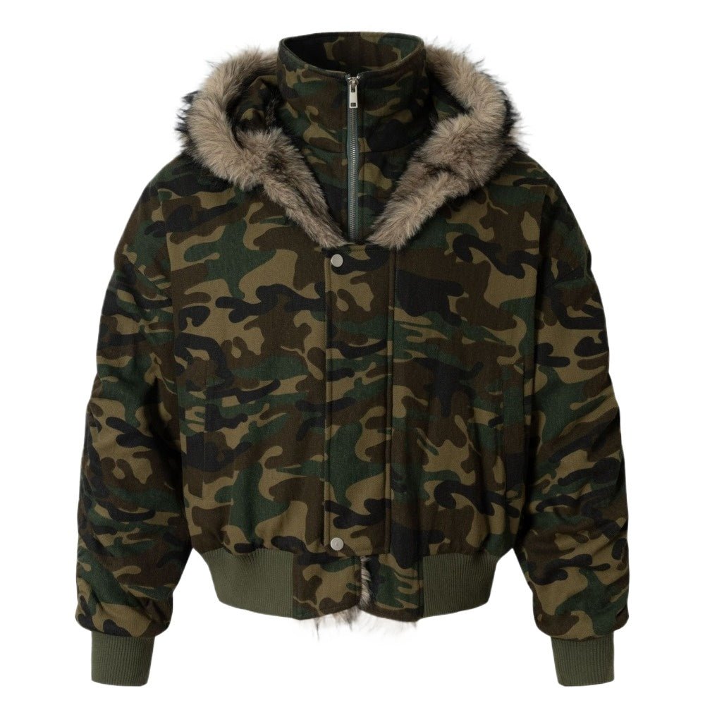 Camouflage Faux Fur Trimmed Hooded Jacket - Thrashink