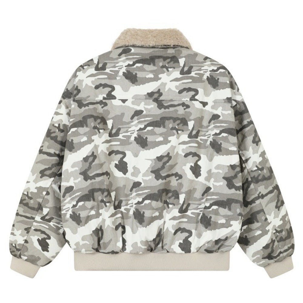 Camouflage Faux Shearling Collar Jacket - Thrashink