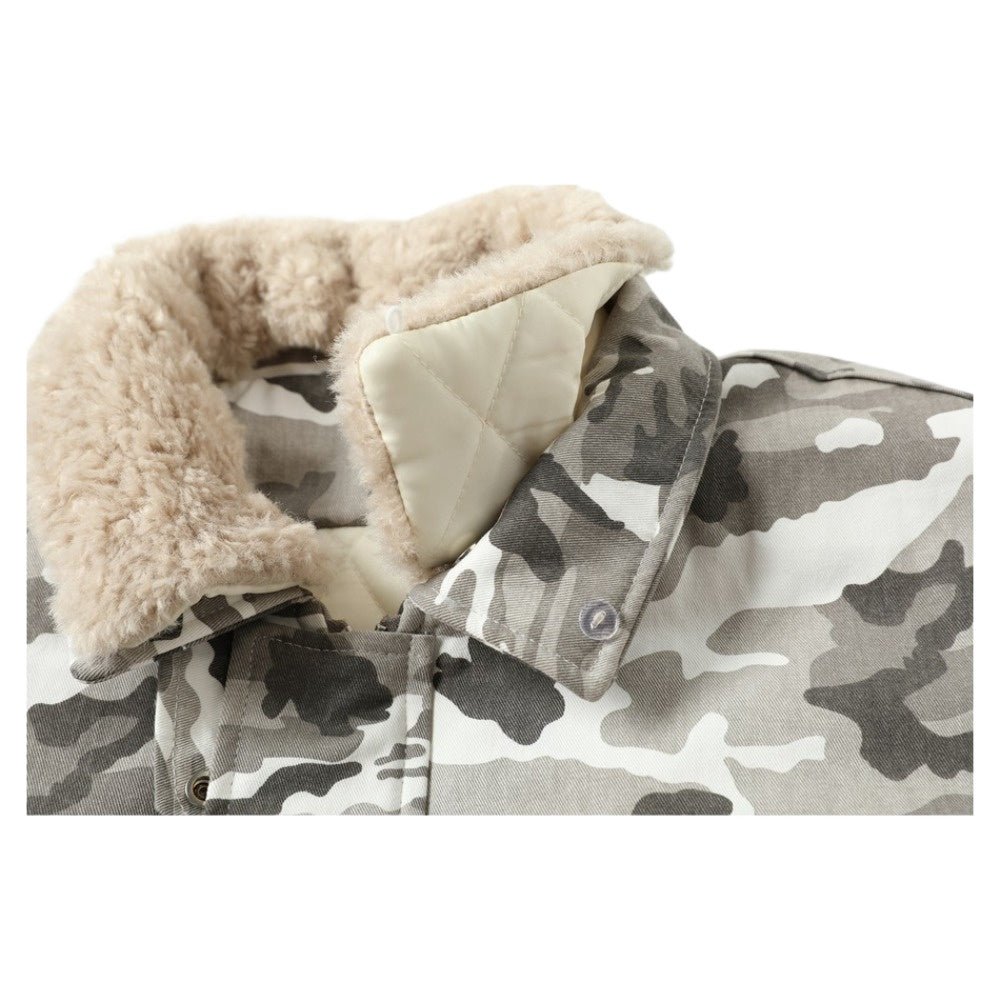 Camouflage Faux Shearling Collar Jacket - Thrashink