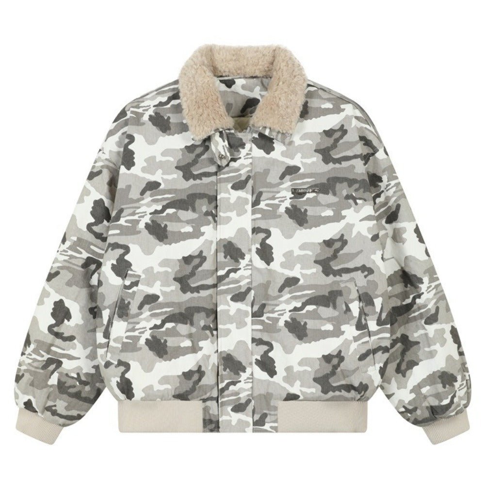 Camouflage Faux Shearling Collar Jacket - Thrashink