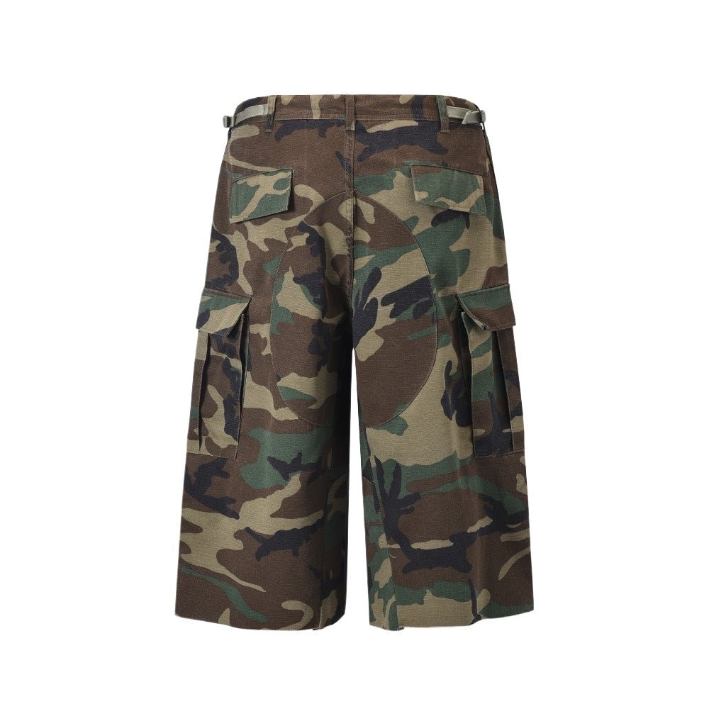 Camouflage Frayed Cropped Cargo Shorts - Thrashink