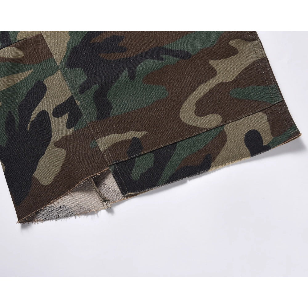 Camouflage Frayed Cropped Cargo Shorts - Thrashink