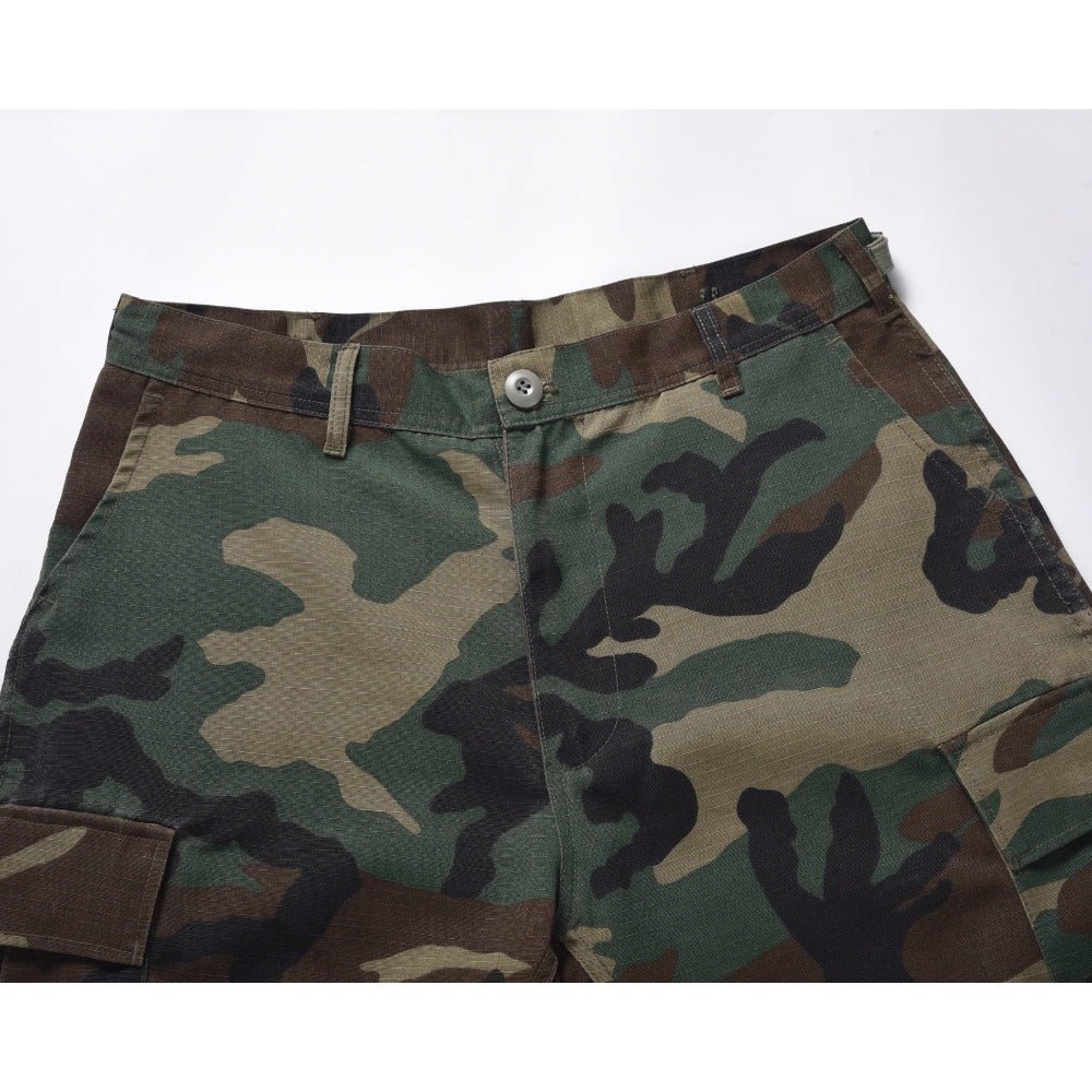 Camouflage Frayed Cropped Cargo Shorts - Thrashink