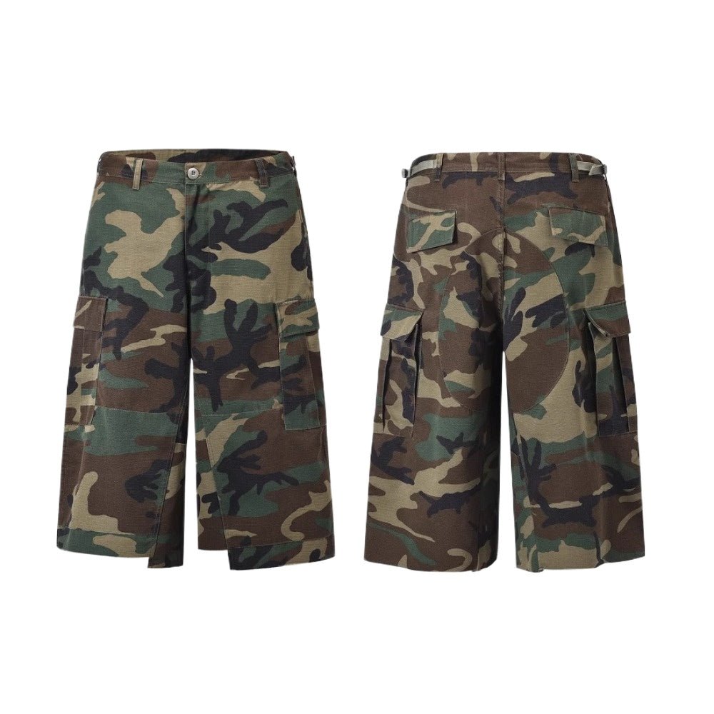 Camouflage Frayed Cropped Cargo Shorts - Thrashink