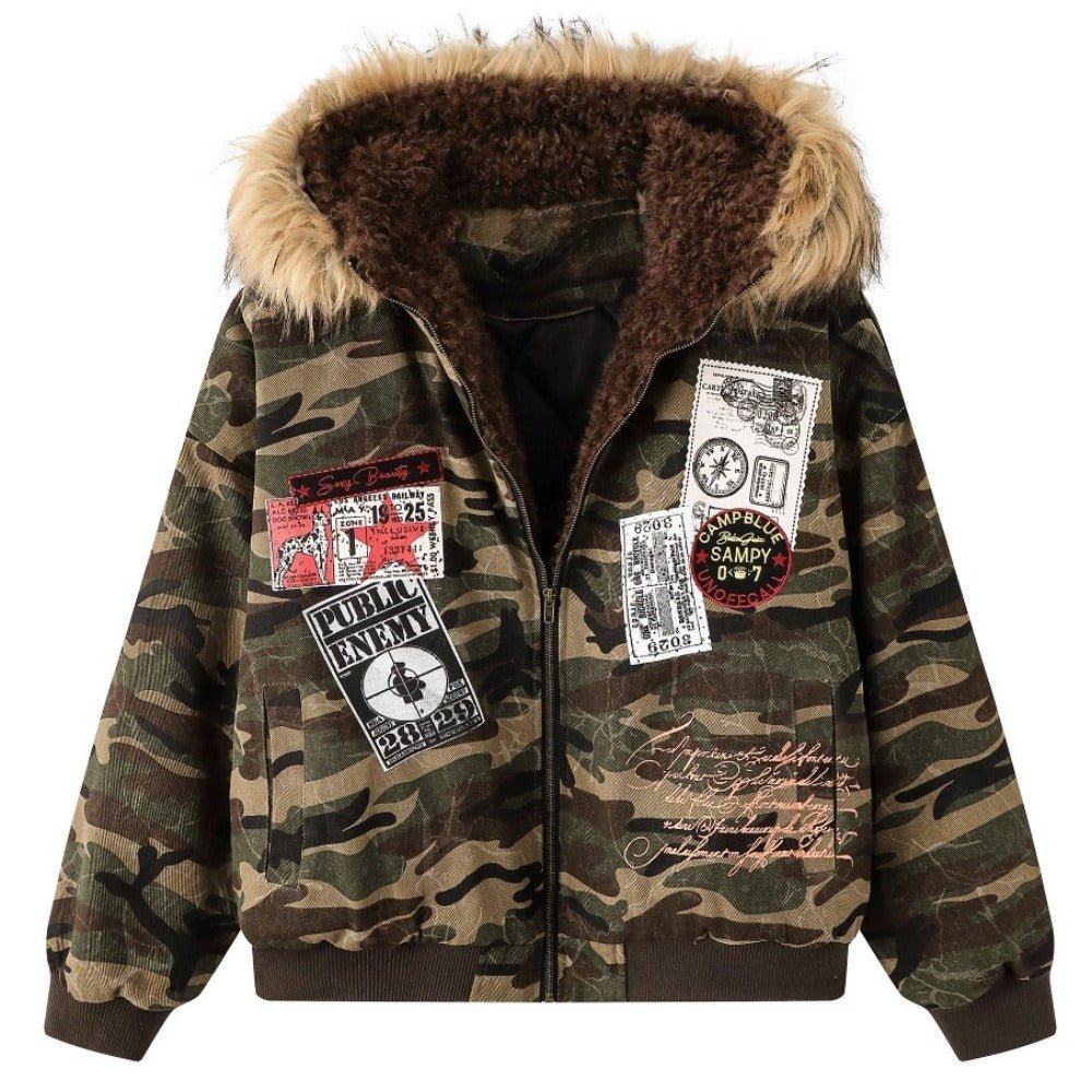 Camouflage Fur - Hood Patchwork Padded Jacket - Thrashink