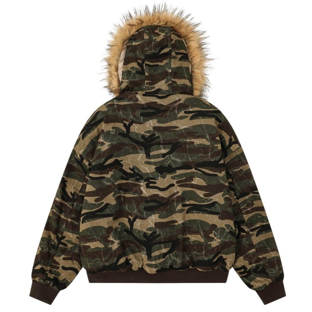 Camouflage Fur - Hood Patchwork Padded Jacket - Thrashink