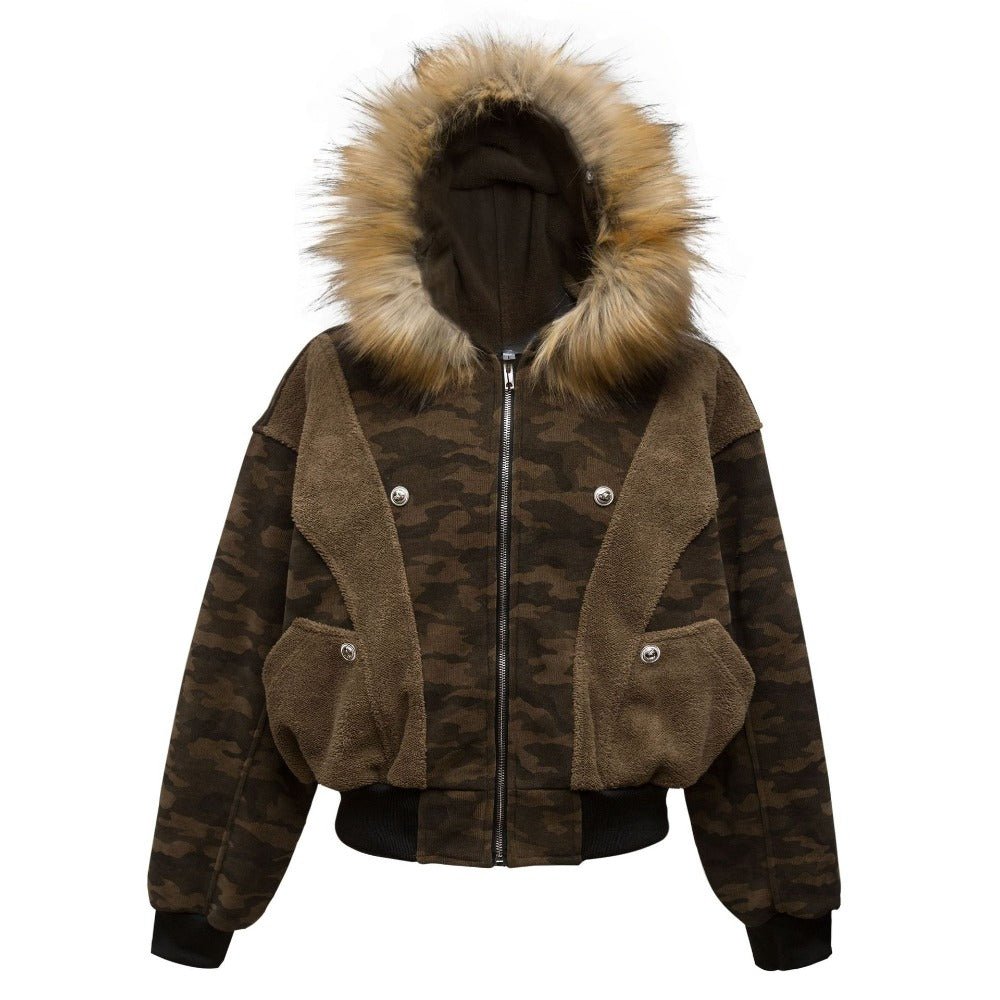 Camouflage Patchwork Fleece Collar Jacket - Thrashink