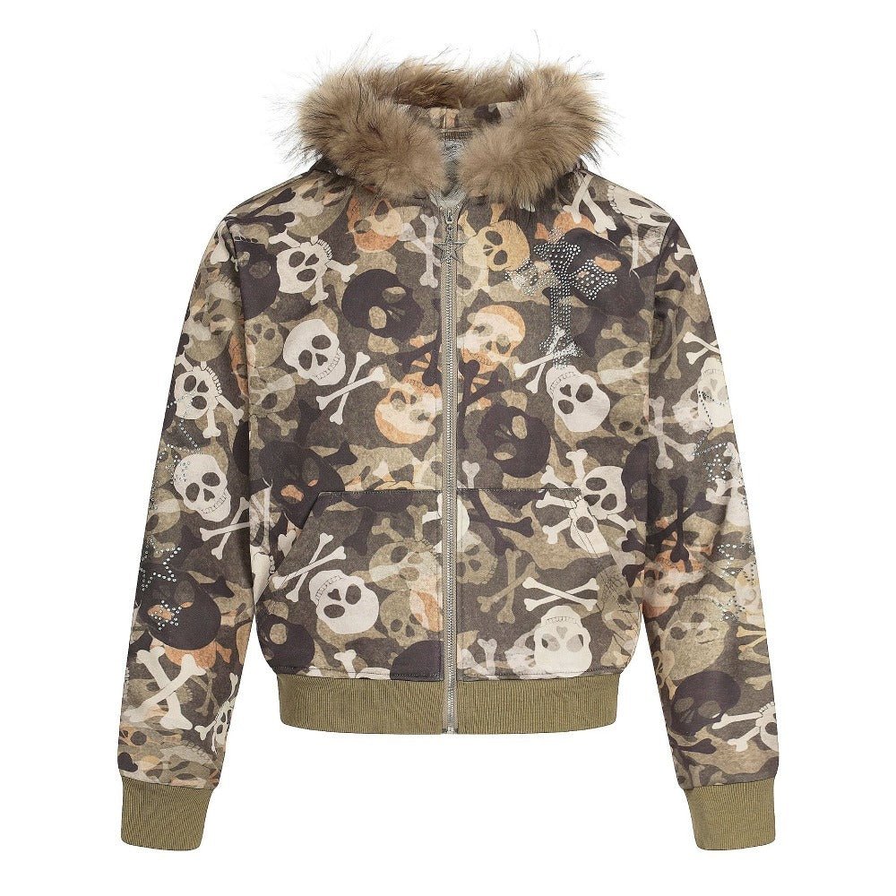 Camouflage Skull Print Fur Collar Hoodies - Thrashink