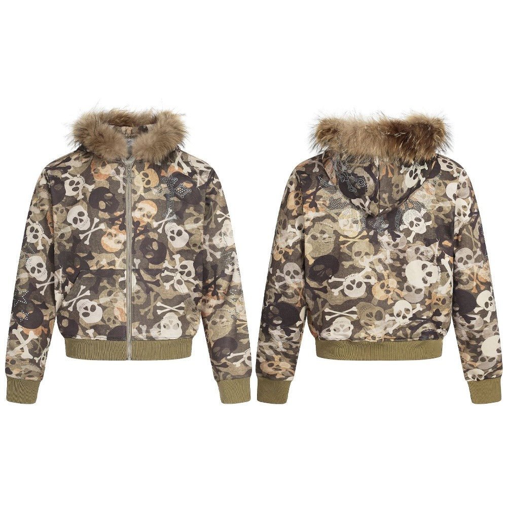 Camouflage Skull Print Fur Collar Hoodies - Thrashink