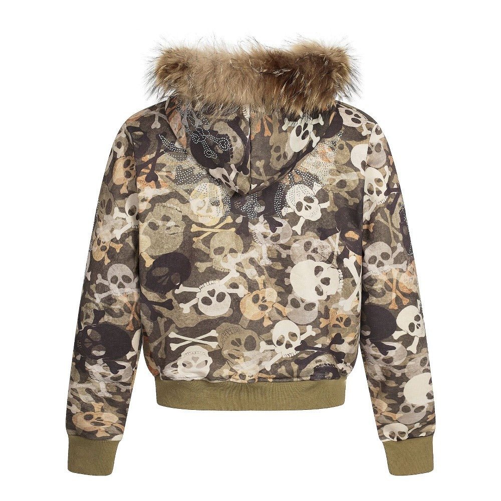 Camouflage Skull Print Fur Collar Hoodies - Thrashink