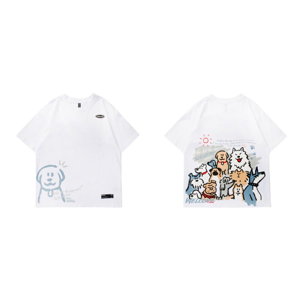 Cat Dog Cartoon Print Short Sleeve T-Shirt - Thrashink