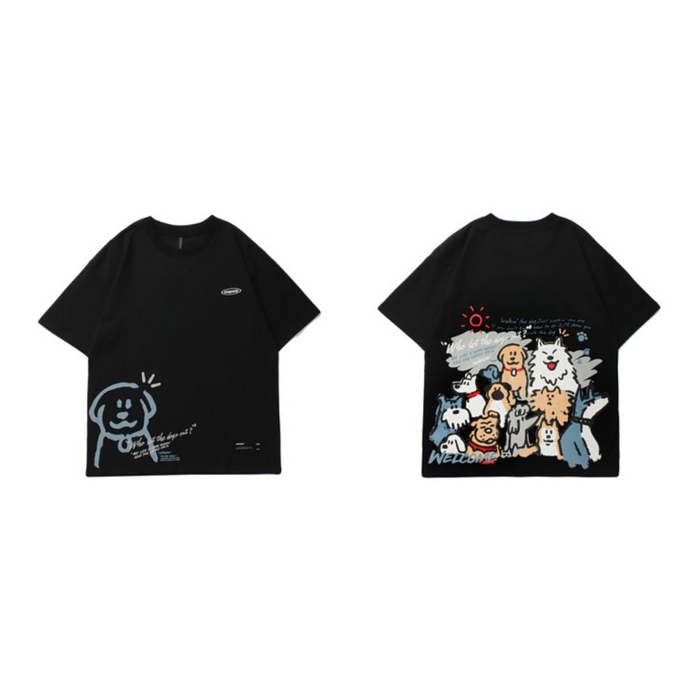 Cat Dog Cartoon Print Short Sleeve T-Shirt - Thrashink