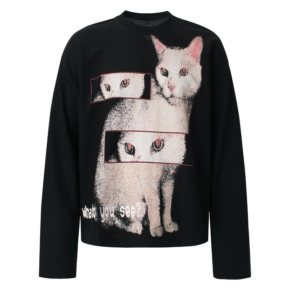 Cat Print Long Sleeved T-Shirt - Thrashink