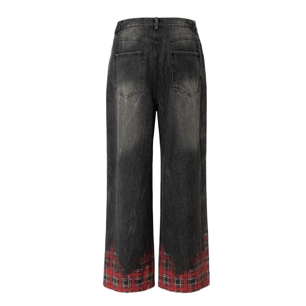 Check Print Washed Black Jeans - Thrashink