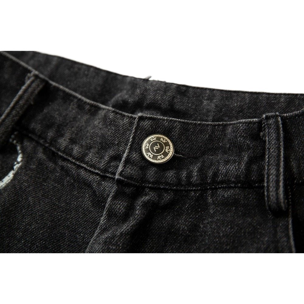 Check Print Washed Black Jeans - Thrashink