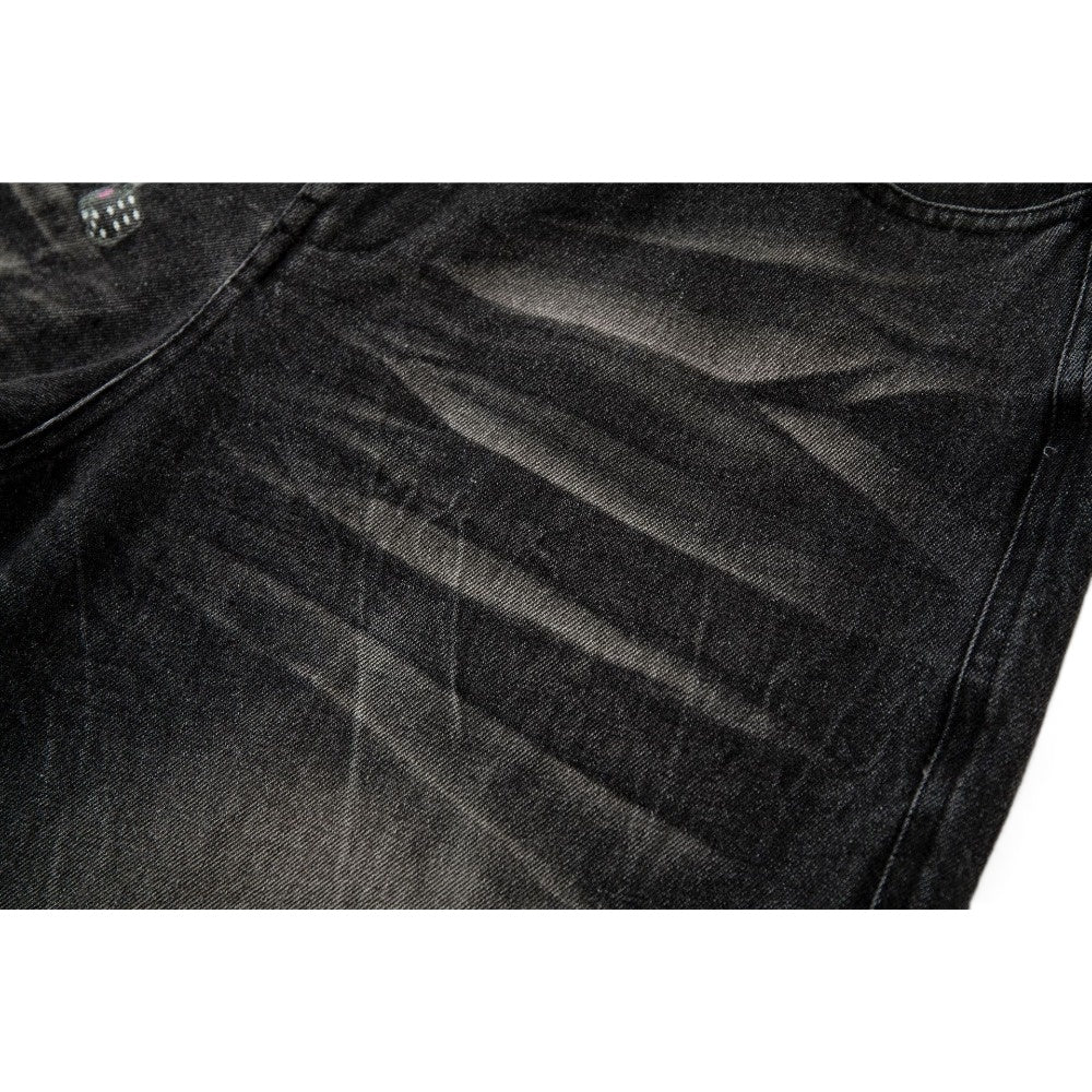 Check Print Washed Black Jeans - Thrashink