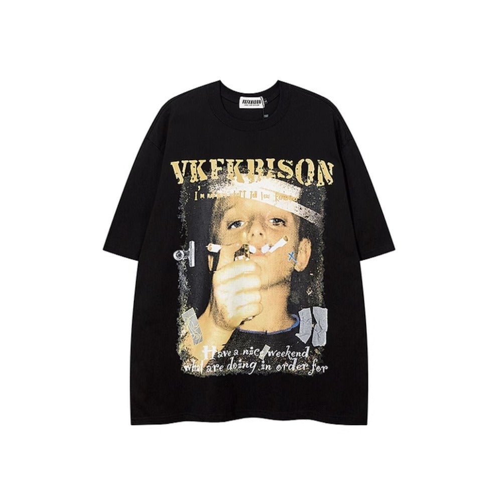 Cigarette Boy Print Short Sleeve T-Shirt - Thrashink