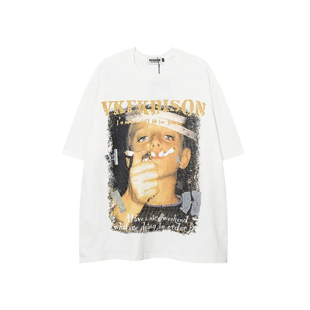 Cigarette Boy Print Short Sleeve T-Shirt - Thrashink