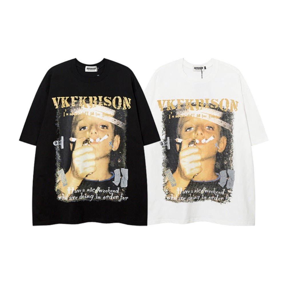 Cigarette Boy Print Short Sleeve T-Shirt - Thrashink