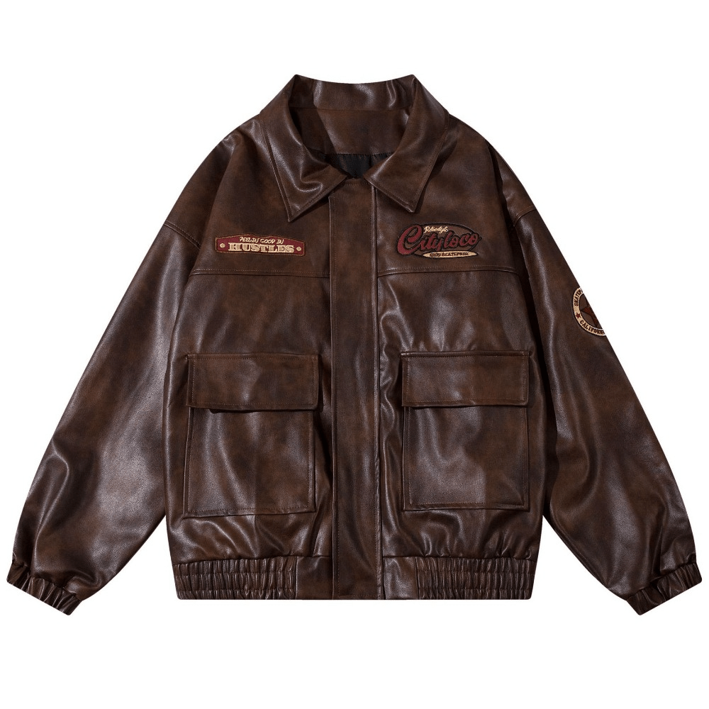 Cityloco Vintage Embroidered Leather Jacket - Thrashink