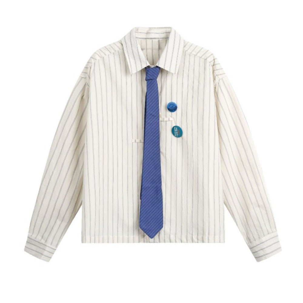 College Style Tie Medal Striped Shirt - Thrashink