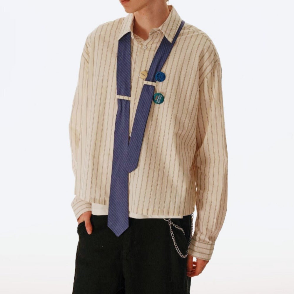 College Style Tie Medal Striped Shirt - Thrashink