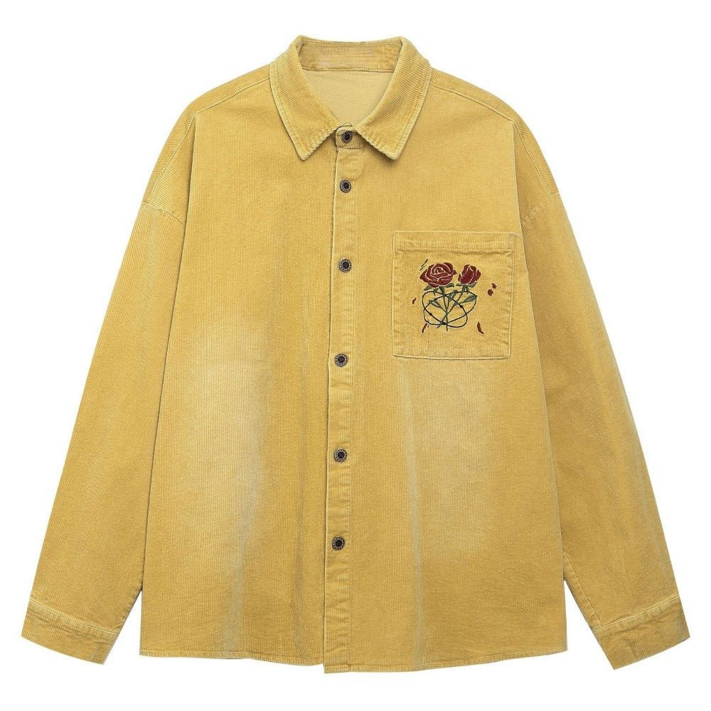 Corduroy Rose Embroidered Loose Shirt - Thrashink
