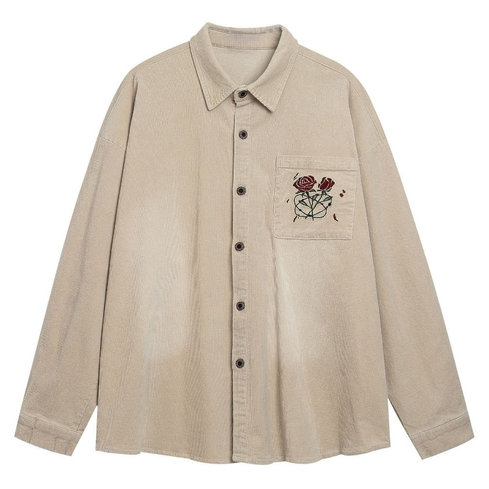 Corduroy Rose Embroidered Loose Shirt - Thrashink