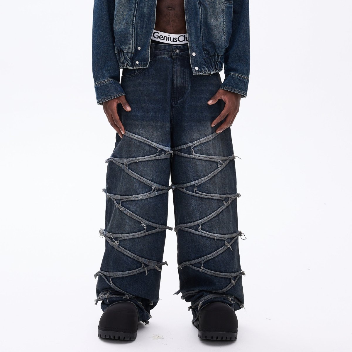 Crisscross Deconstructed Wide - Leg Denim Jeans - Thrashink
