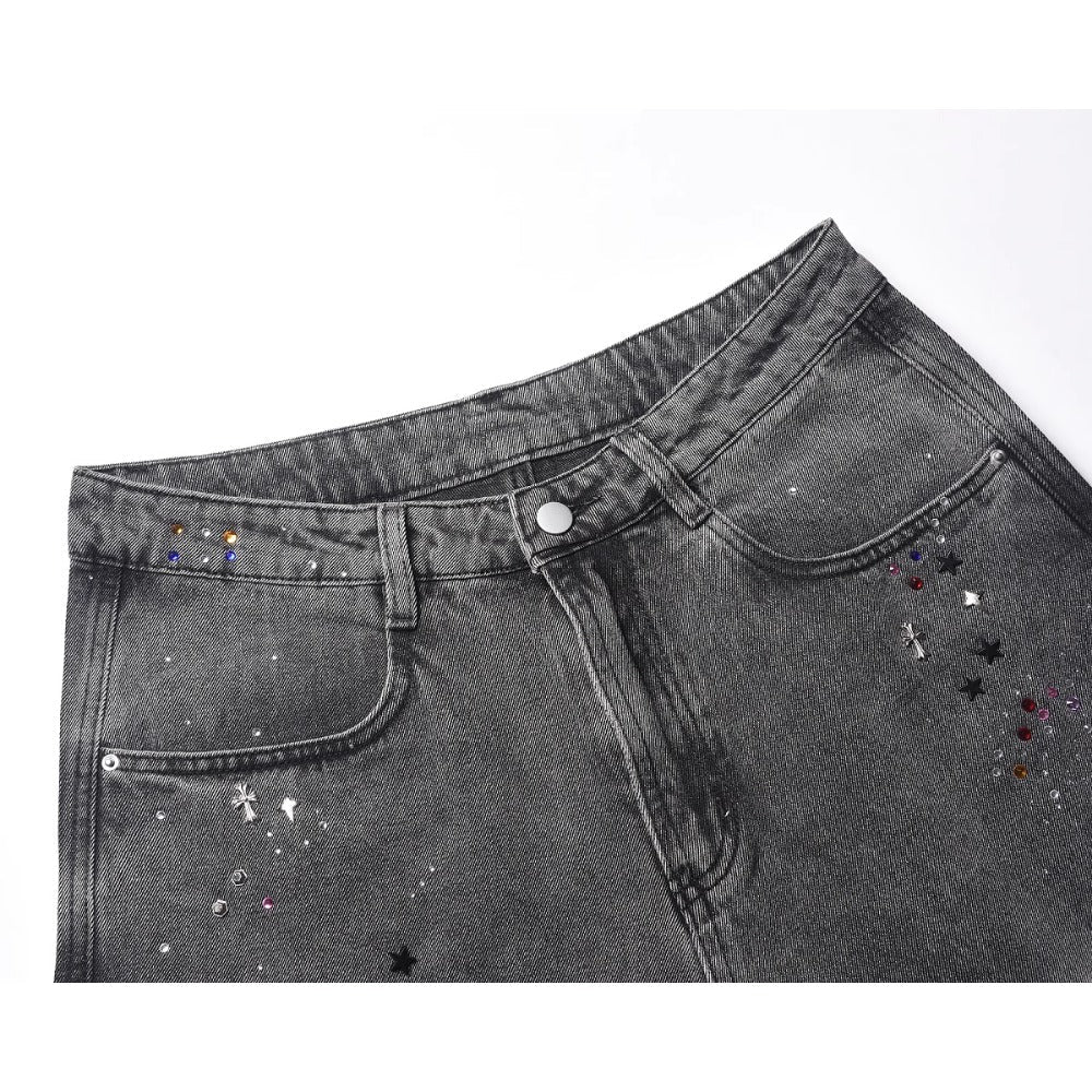 Cross Colored Rhinestone Denim Shorts - Thrashink