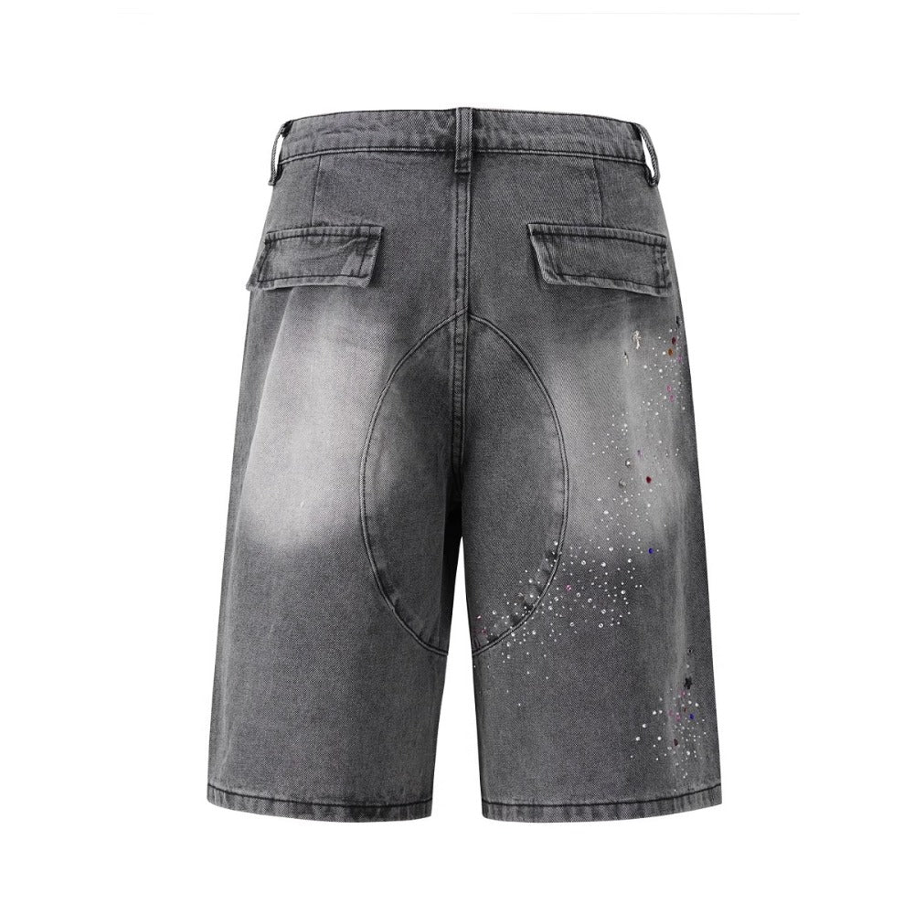 Cross Colored Rhinestone Denim Shorts - Thrashink