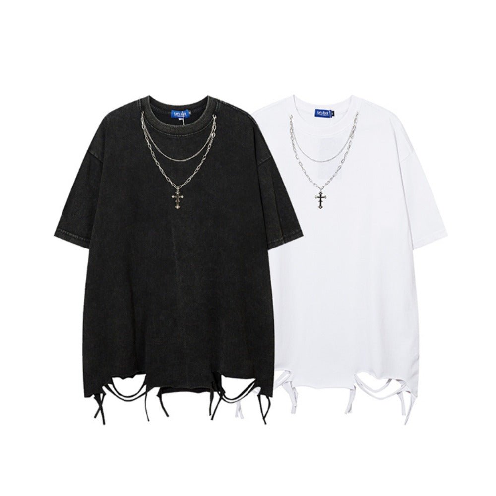 Cross Necklace Distressed Short Sleeve T-Shirt - Thrashink