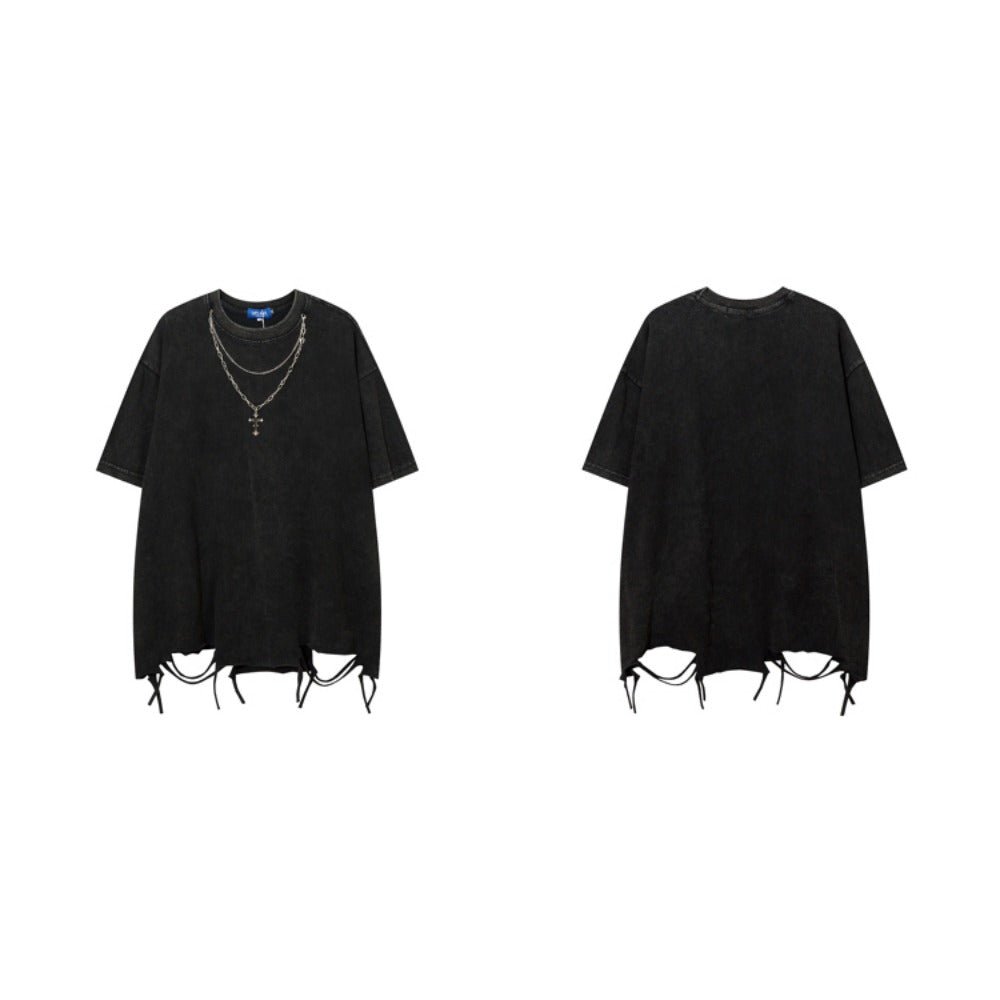 Cross Necklace Distressed Short Sleeve T-Shirt - Thrashink