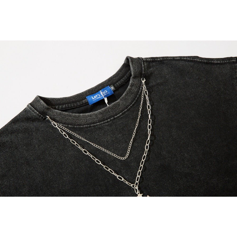 Cross Necklace Distressed Short Sleeve T-Shirt - Thrashink