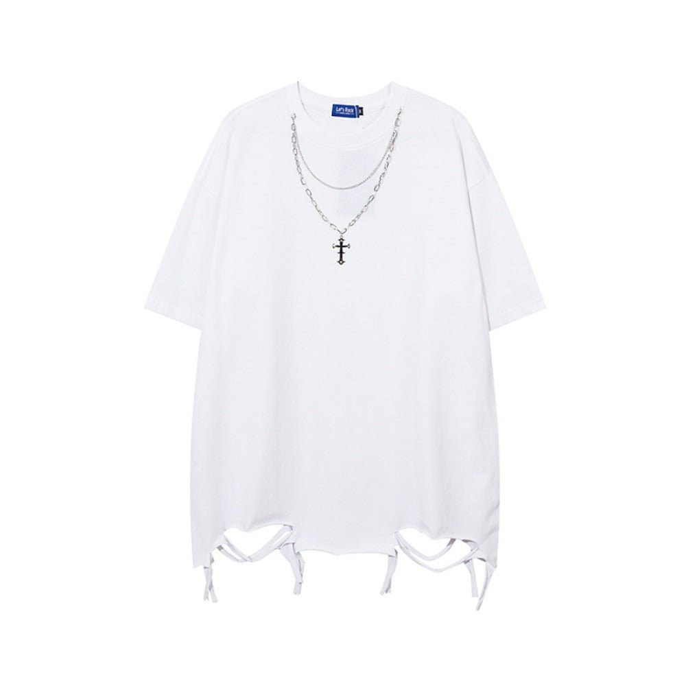 Cross Necklace Distressed Short Sleeve T-Shirt - Thrashink