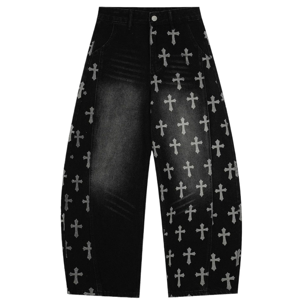 Cross Print Baggy Denim Jeans - Thrashink
