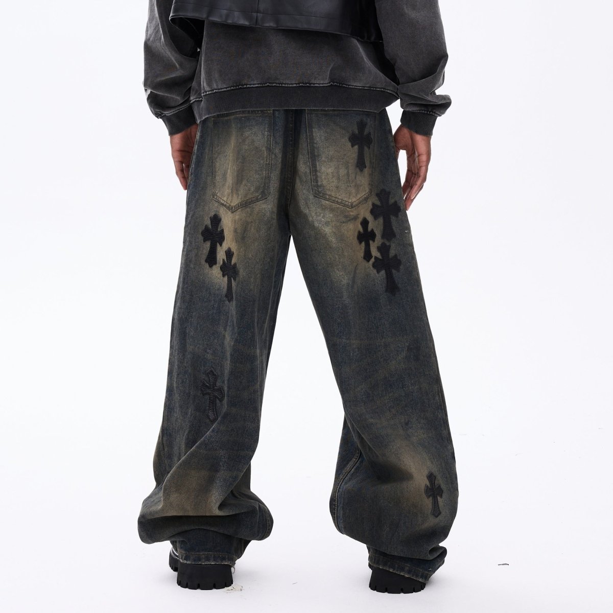 Cross - shaped Patchwork Ripped Jeans - Thrashink