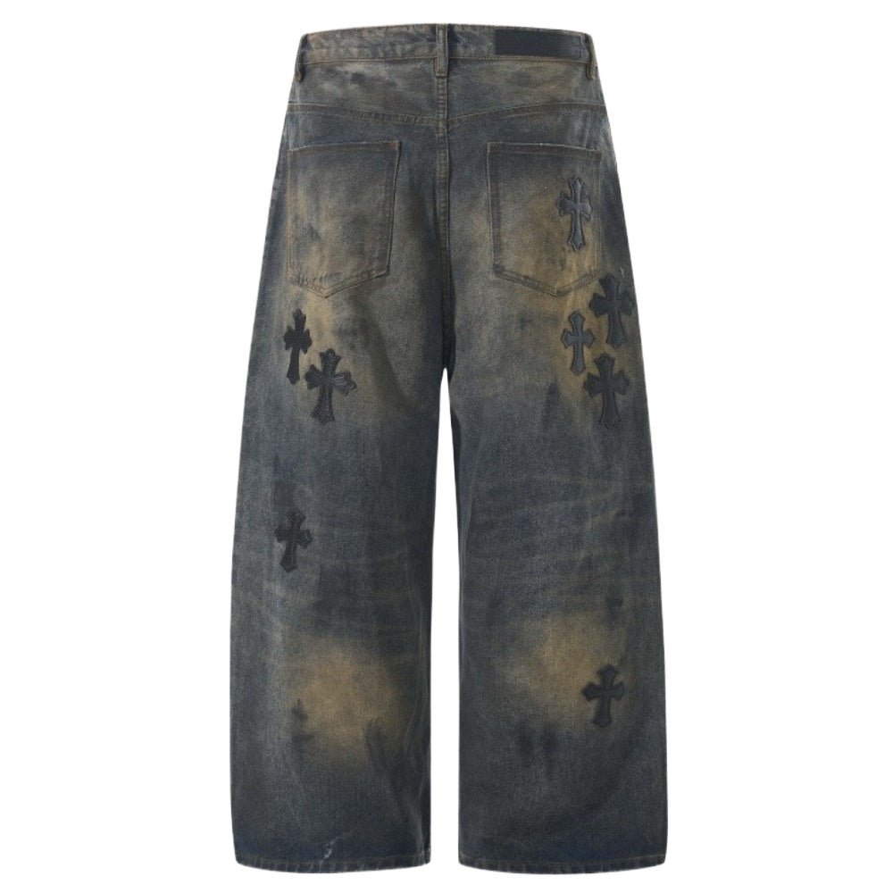 Cross - shaped Patchwork Ripped Jeans - Thrashink
