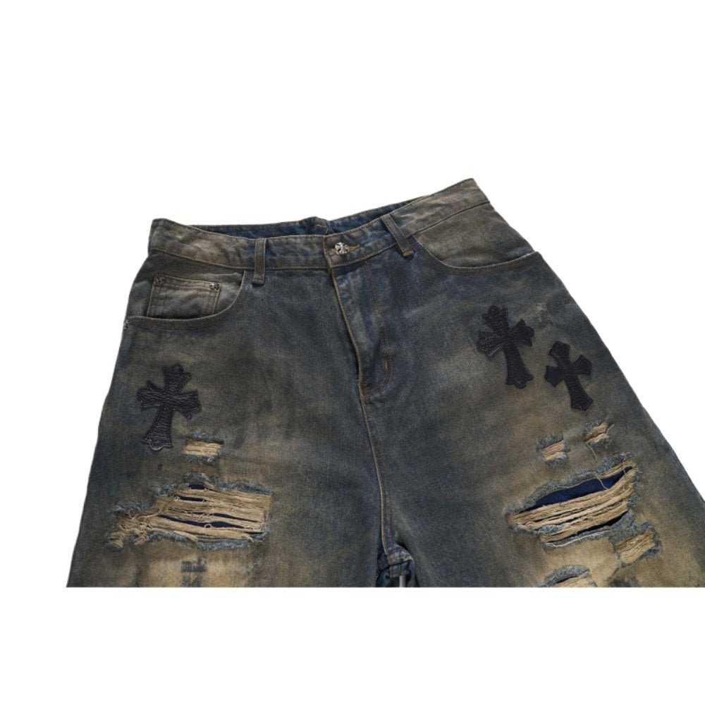 Cross - shaped Patchwork Ripped Jeans - Thrashink