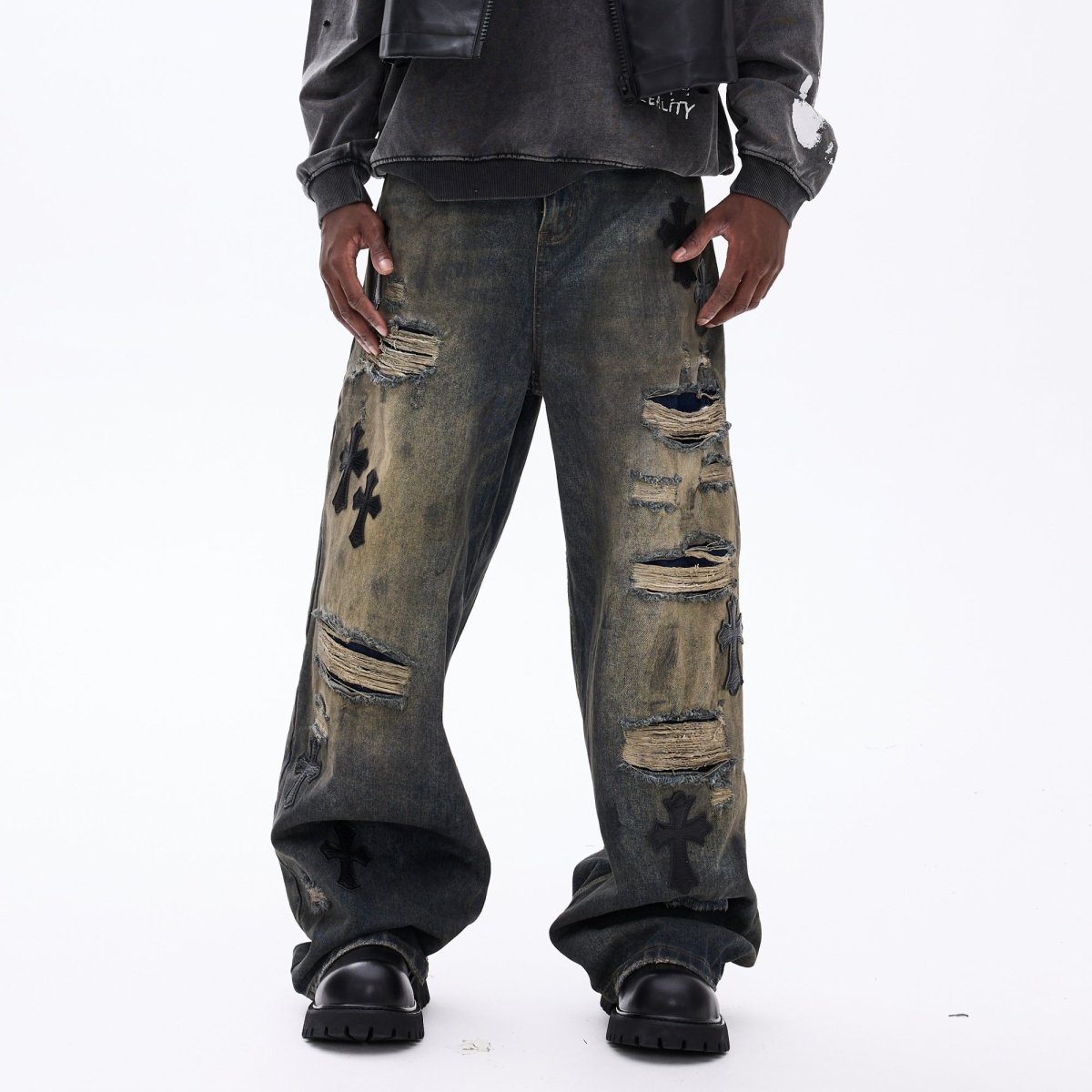 Cross - shaped Patchwork Ripped Jeans - Thrashink