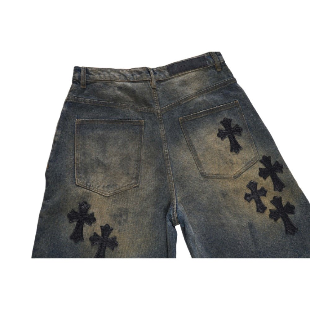 Cross - shaped Patchwork Ripped Jeans - Thrashink