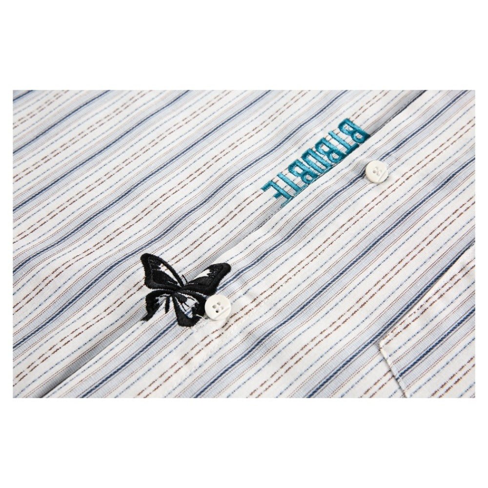 Cute Patterned Text Embroidered Striped Shirt - Thrashink